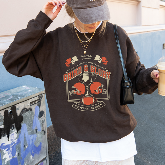 Grind & Glory Football Fan Graphic Crewneck or Tee | Trendy Game Day Sweatshirt & Shirt