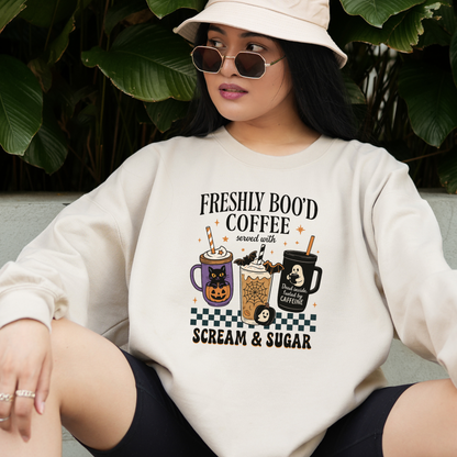 Freshly Boo’d Coffee Sweatshirt | Halloween Graphic Crewneck for Coffee Lovers