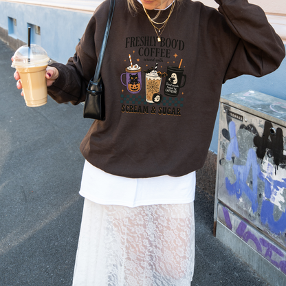 Freshly Boo’d Coffee Sweatshirt | Halloween Graphic Crewneck for Coffee Lovers