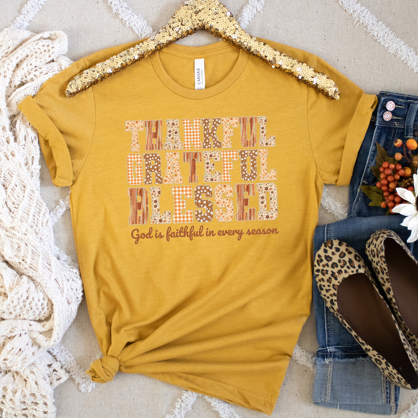 Thankful, Grateful, Blessed Christian Faith Fall Crewneck or Tee | Autumn Scripture Graphic Sweater