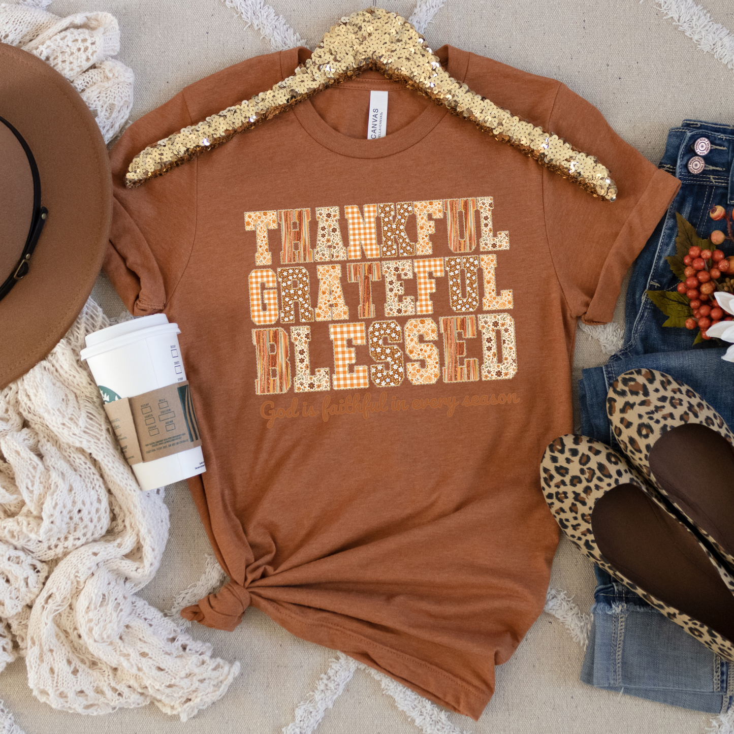 Thankful, Grateful, Blessed Christian Faith Fall Crewneck or Tee | Autumn Scripture Graphic Sweater