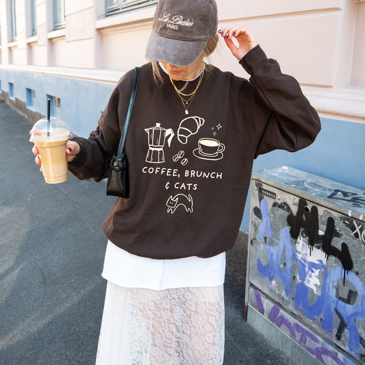 Coffee, Brunch & Cats Sweatshirt | Cozy Graphic Crewneck for Cat Lovers