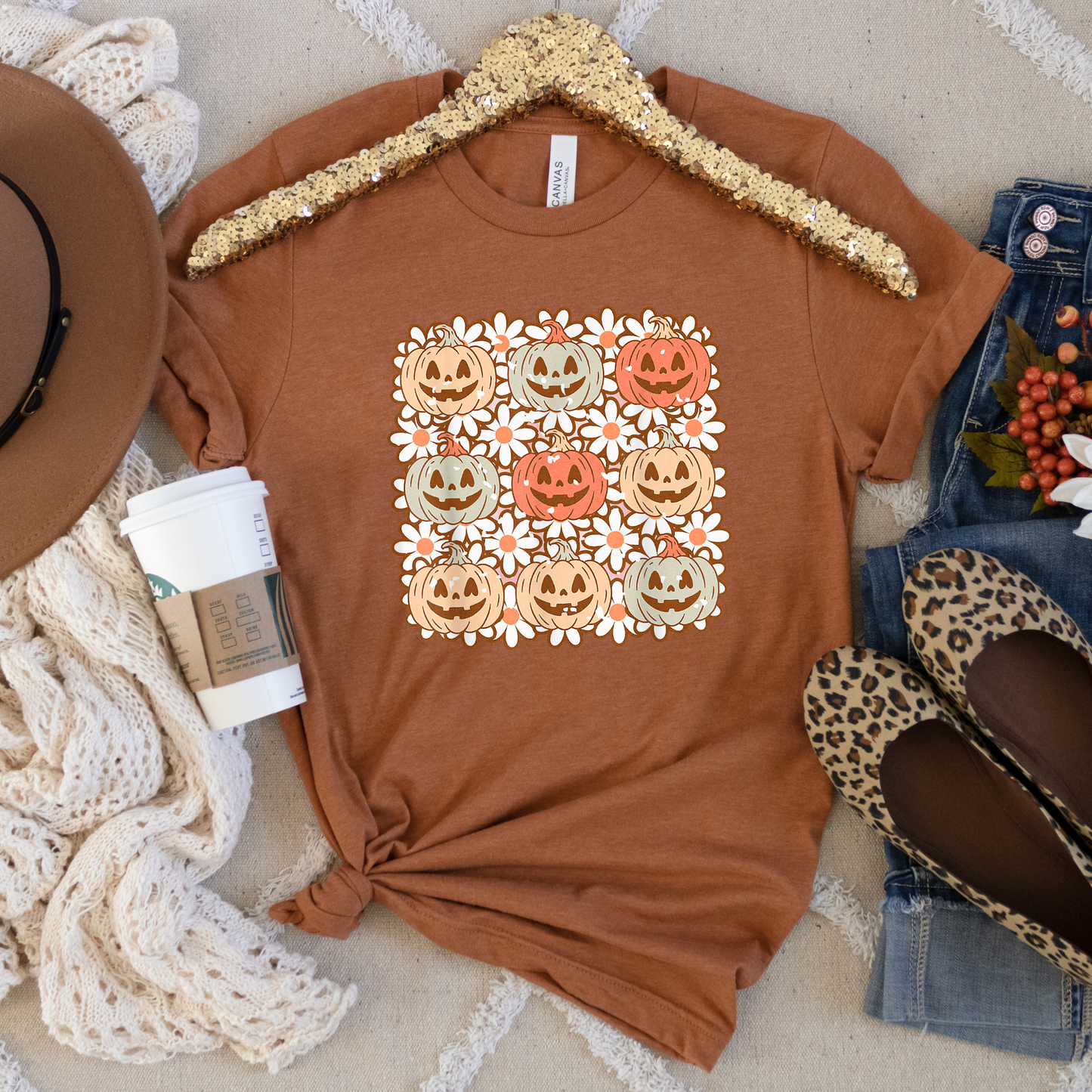 Pumpkin Flowers Fall Crewneck or Tee | Autumn Graphic Sweater or T-Shirt