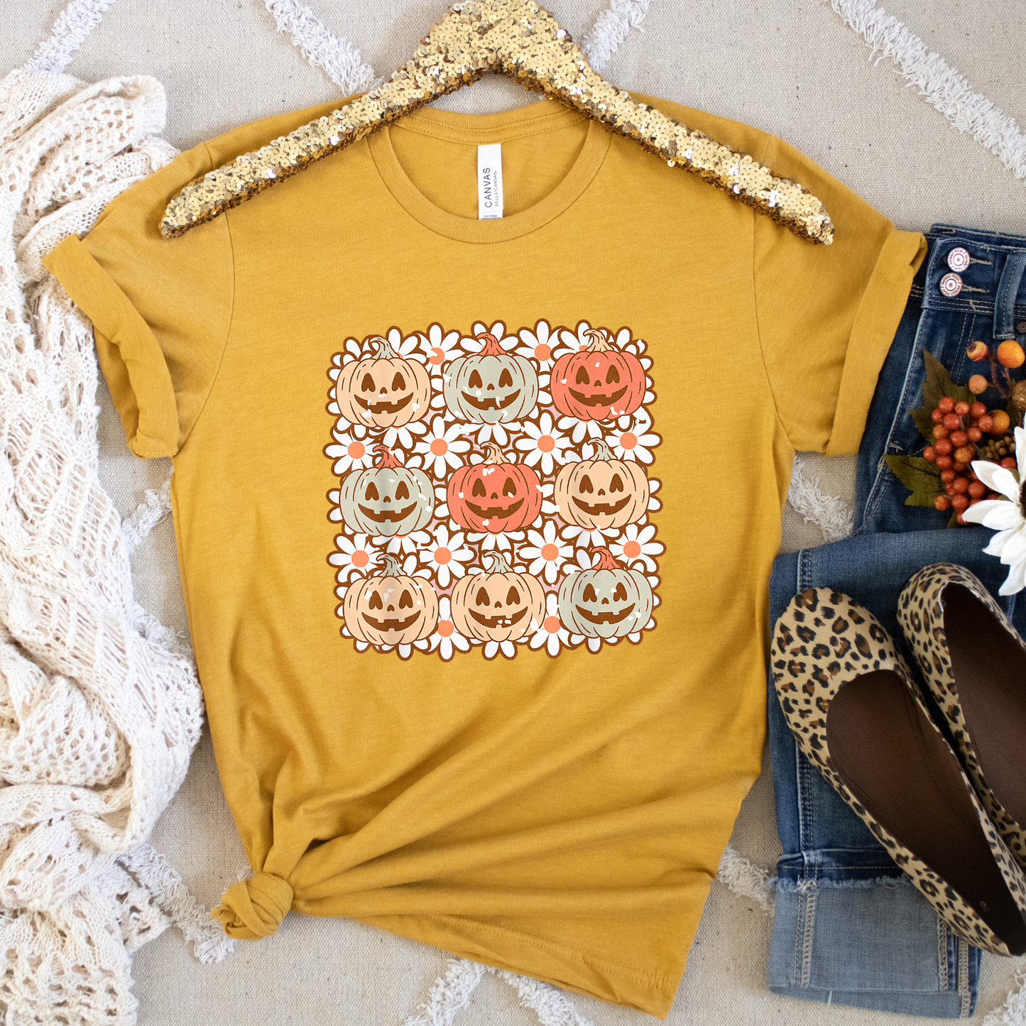Pumpkin Flowers Fall Crewneck or Tee | Autumn Graphic Sweater or T-Shirt