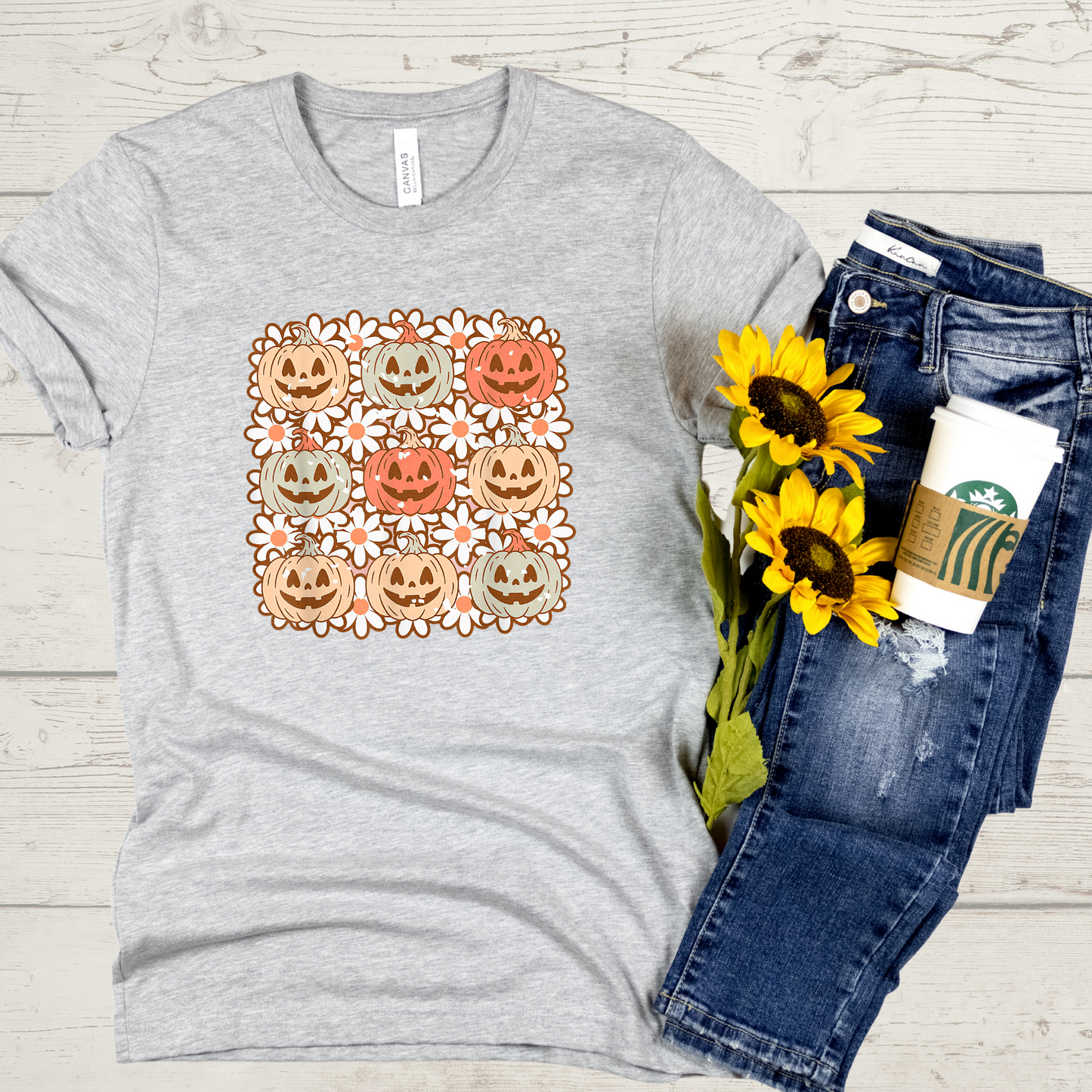 Pumpkin Flowers Fall Crewneck or Tee | Autumn Graphic Sweater or T-Shirt
