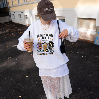 Freshly Boo’d Coffee Sweatshirt | Halloween Graphic Crewneck for Coffee Lovers
