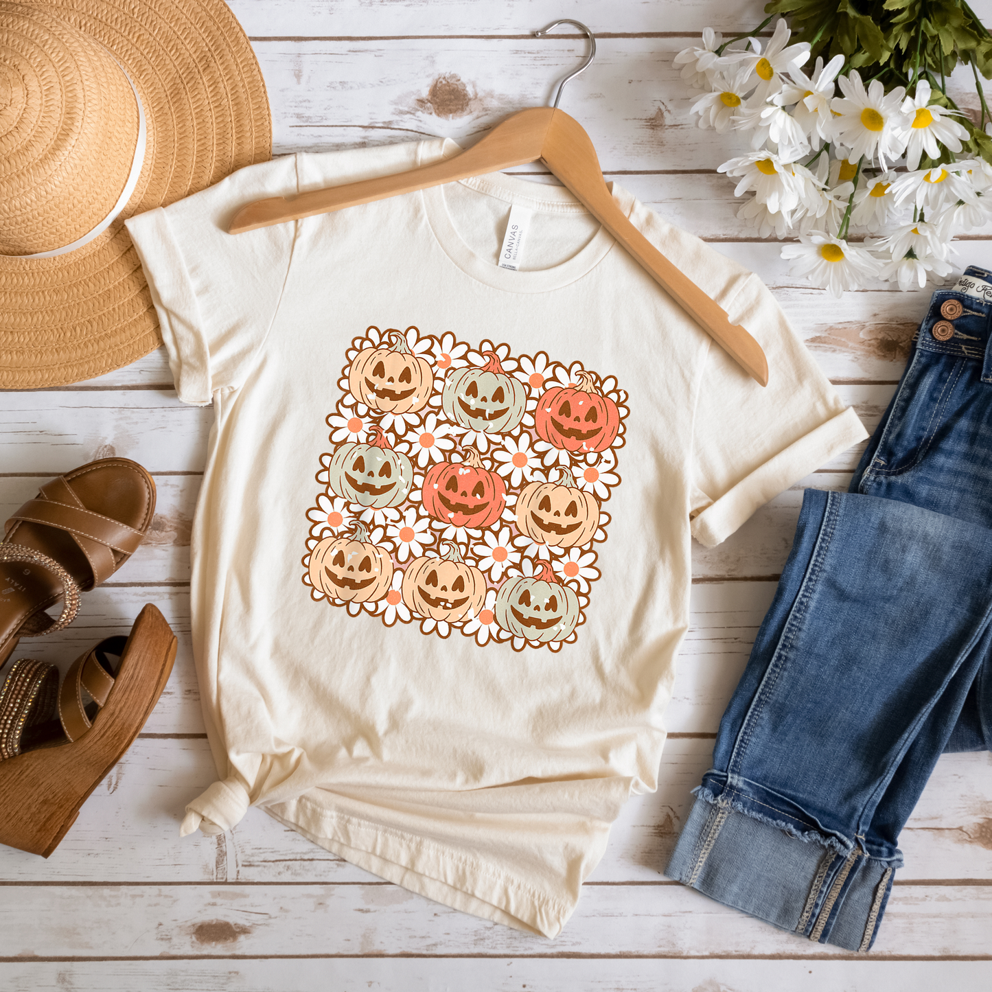 Pumpkin Flowers Fall Crewneck or Tee | Autumn Graphic Sweater or T-Shirt