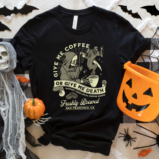 Reaper & Coffee Retro Vintage Halloween Crewneck or Tee | Fall Spooky Graphic Sweatshirt