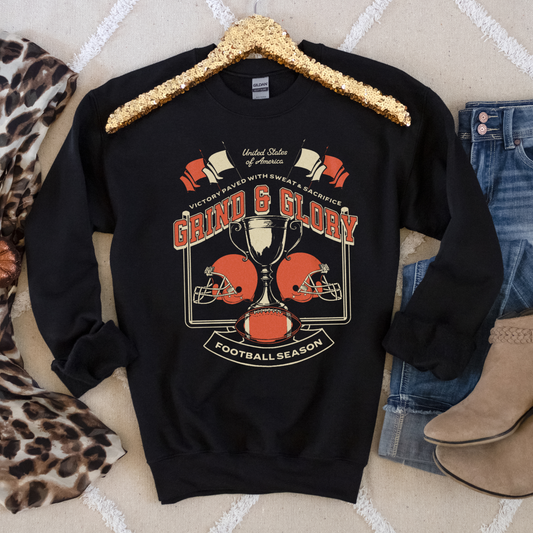 Grind & Glory Football Fan Graphic Crewneck or Tee | Trendy Game Day Sweatshirt & Shirt