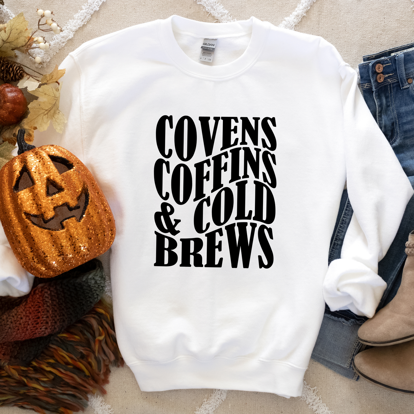 Covens, Coffins & Cold Brews Vintage Halloween Crewneck or Tee | Fall Spooky Graphic Sweatshirt