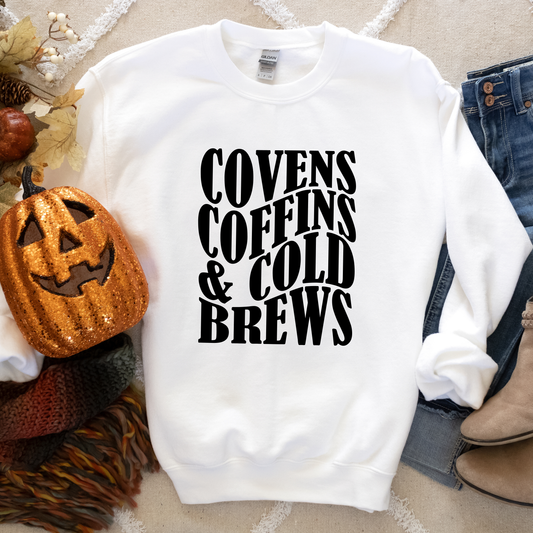 Covens, Coffins & Cold Brews Vintage Halloween Crewneck or Tee | Fall Spooky Graphic Sweatshirt