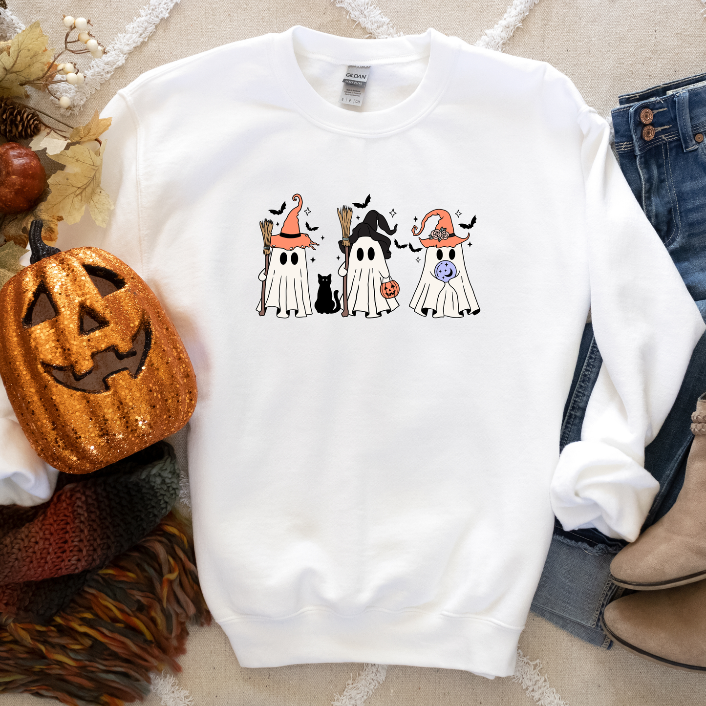 Fall Ghost Trick or Treat Halloween Crewneck or Tee | Autumn Graphic Sweater or T-Shirt
