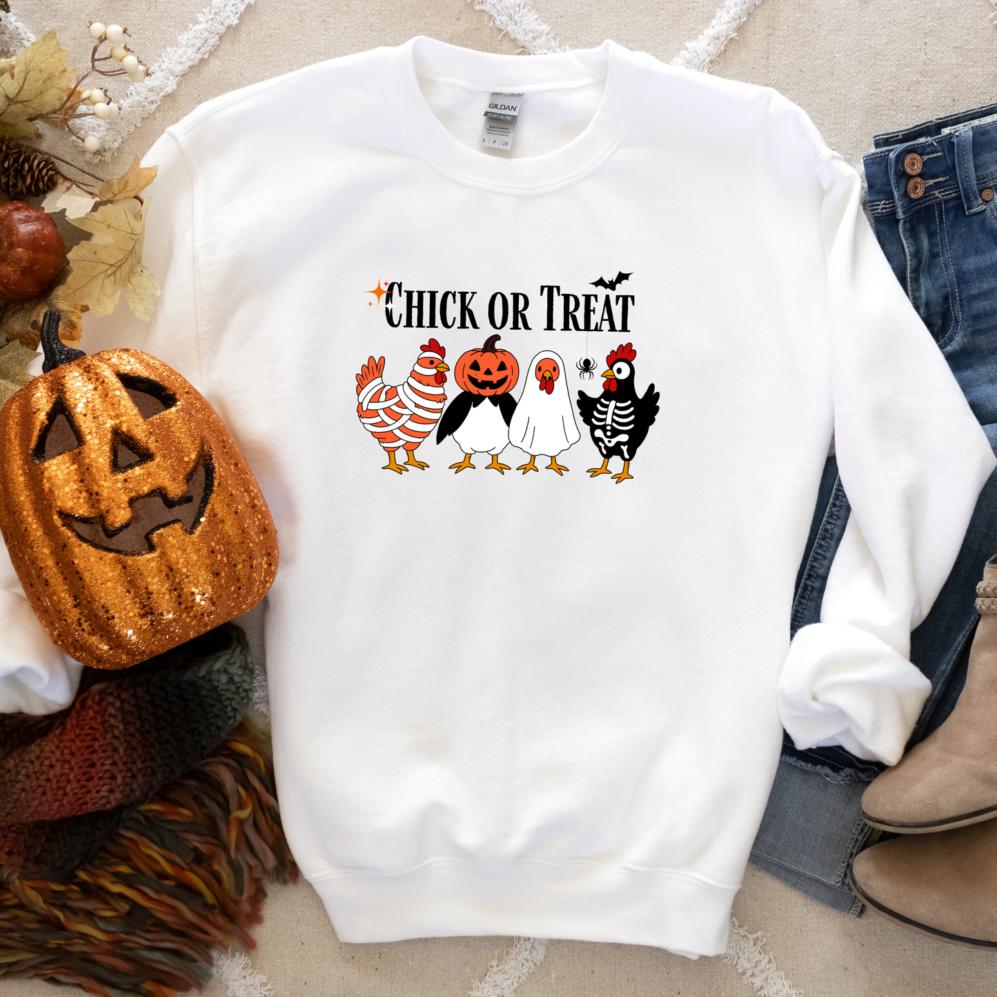 Fall Chick or Treat Halloween Crewneck or Tee | Autumn Graphic Sweater or T-Shirt