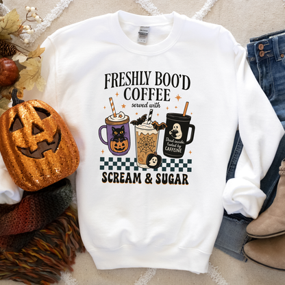 Freshly Boo’d Coffee Sweatshirt | Halloween Graphic Crewneck for Coffee Lovers